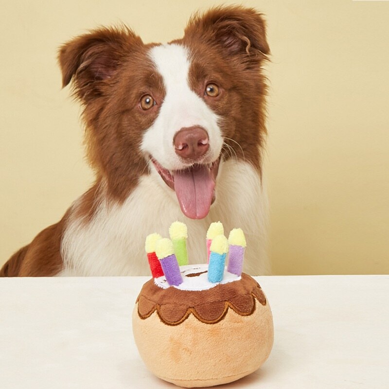 Soft Stuffing Happy Birthday Pet Plush Toy Birthday Cake Toy Pet Bite-resistant Vocal Toy Portable Home Travel Pet Dog Gifts