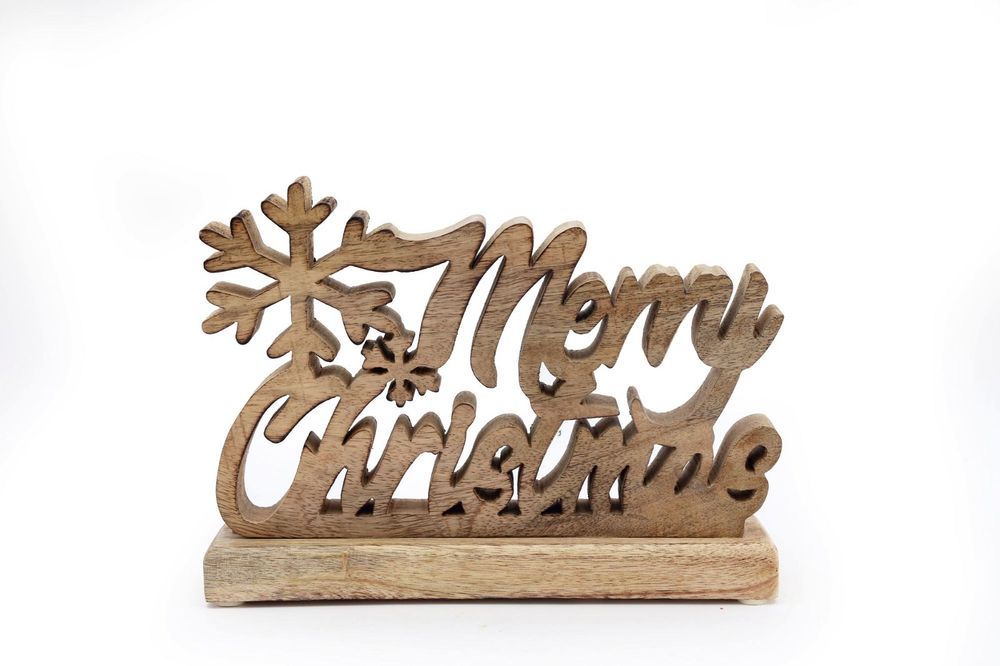Wood Carved Merry Christmas Script On Base