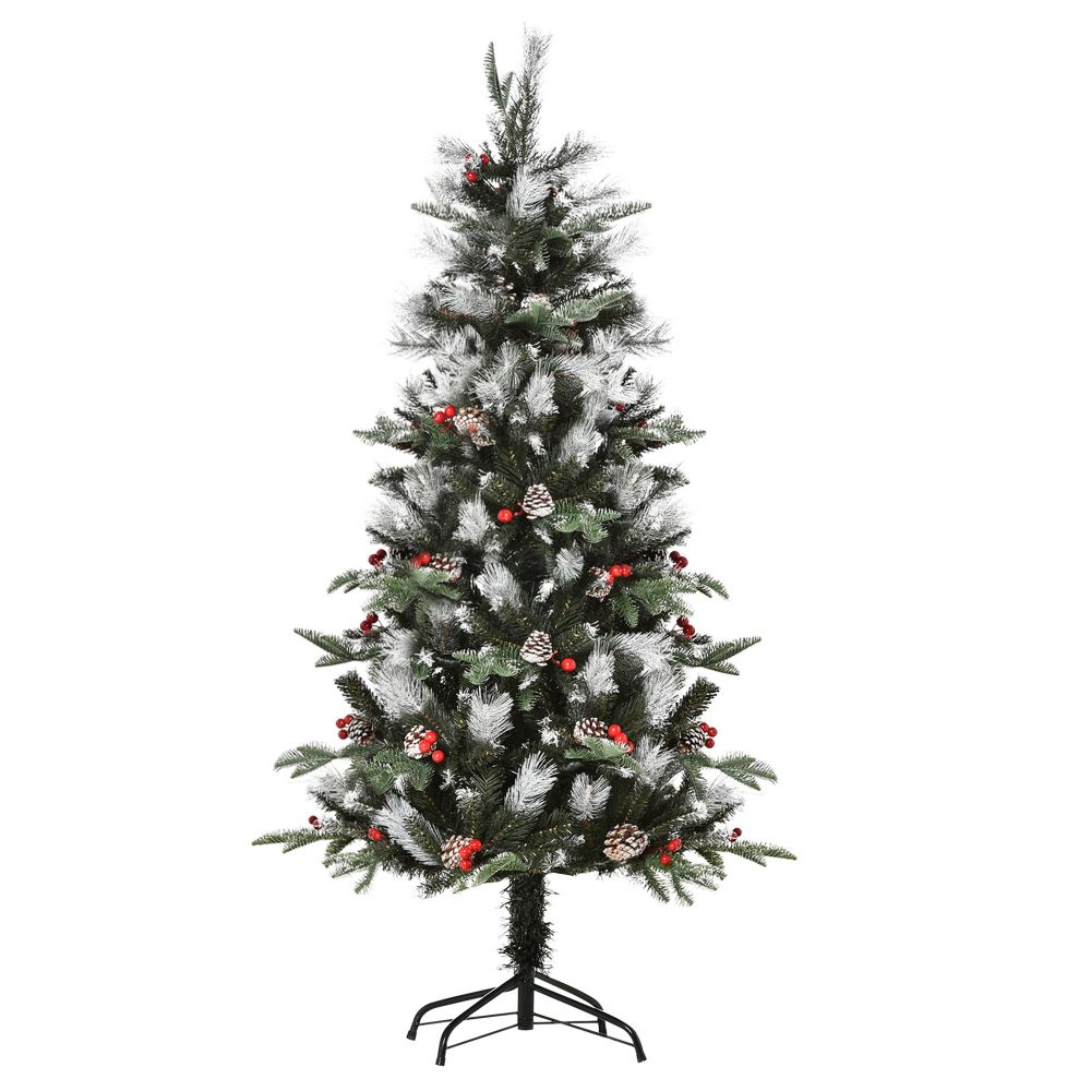 5FT Artificial SnowDipped Christmas Tree Foldable Berries White Pinecones Green