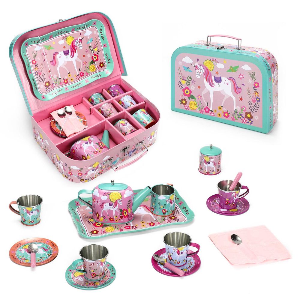SOKA 18 Pcs Unicorn Metal Tin Kids Teapot Tea Party Set Carry Case Toy Pretend Role Play