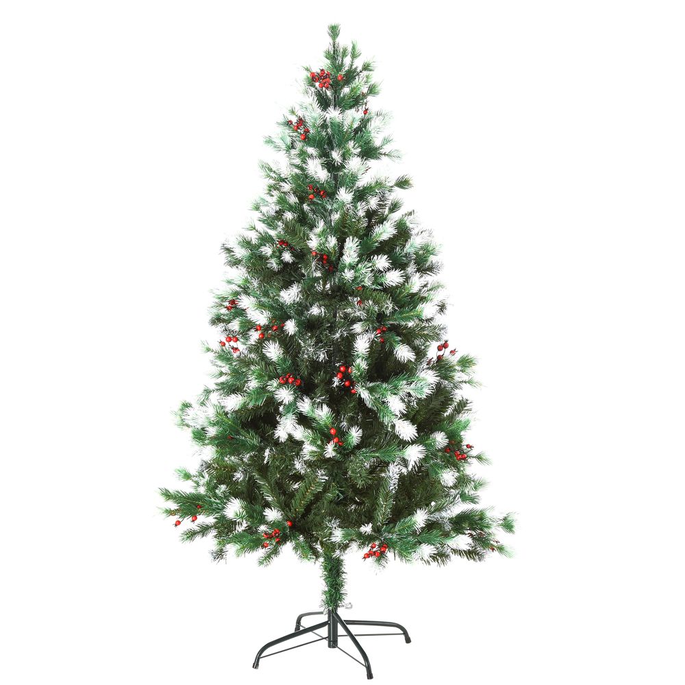 5ft Snow-Dipped Artificial Christmas Tree Red Berries Metal Base Traditional