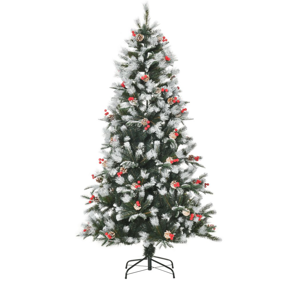 6FT Artificial SnowDipped Christmas Tree Foldable Berries White Pinecones Green