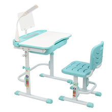Load image into Gallery viewer, 70CM Lifting Table Top Can Tilt Children Learning Table And Chair Blue-Green (With Reading Stand   USB Interface Desk Lamp)

