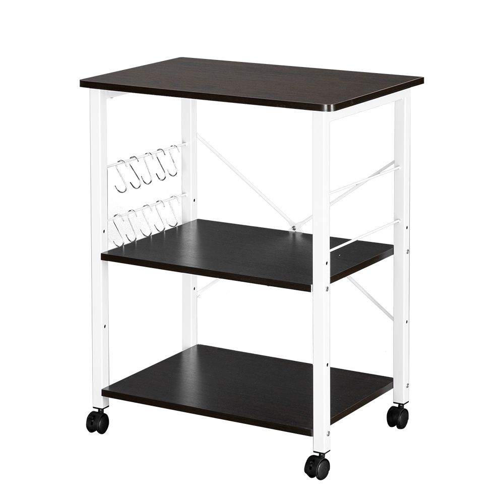 Baker's Rack 3-Tier Kitchen Utility Microwave Oven Stand Storage Cart Workstation Shelf(Dark Brown Top White Metal Frame)