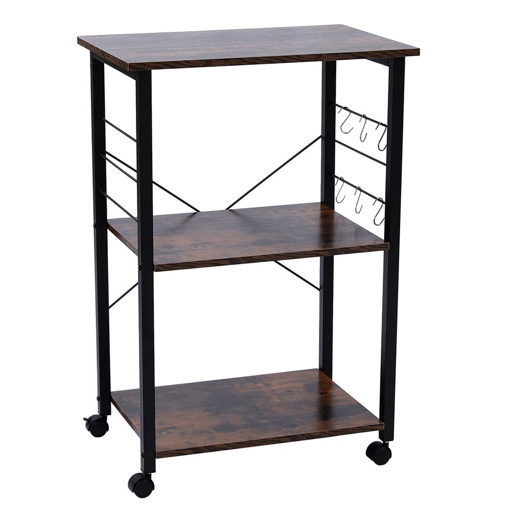 Kitchen Baker's Rack, Microwave Oven Stand Storage Cart, Printer Stand, 3-Tier Serving Cart with Metal Frame and 6 Hooks, Industrial Design, Rustic Brown