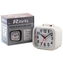 Load image into Gallery viewer, Ravel Talking Quartz Silent Sweep Beep Alarm Clock Battery Powered Black
