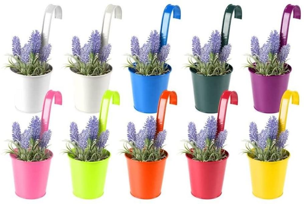 10 x Bright Colourful Metal Balcony Plant Flower Pot Hanging Vase Set of 10 Bright Colours Garden Décor