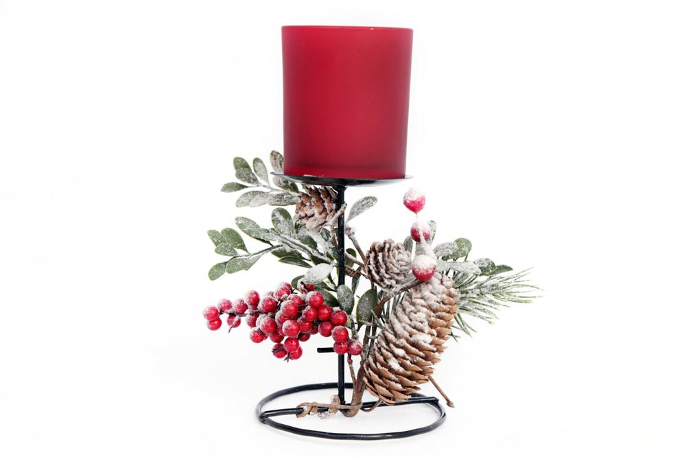 Christmas Tartan Tea Light Holder On Metal Stand 20.5cm