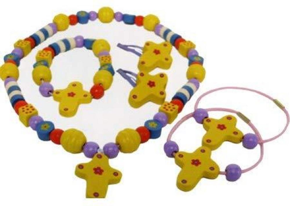 Traditional Childrens 4 Piece Wooden Cross Charm Jewellery Gift Set - Necklace, Bracelet, 2 Hair Clips & 2 Hair Bobbles